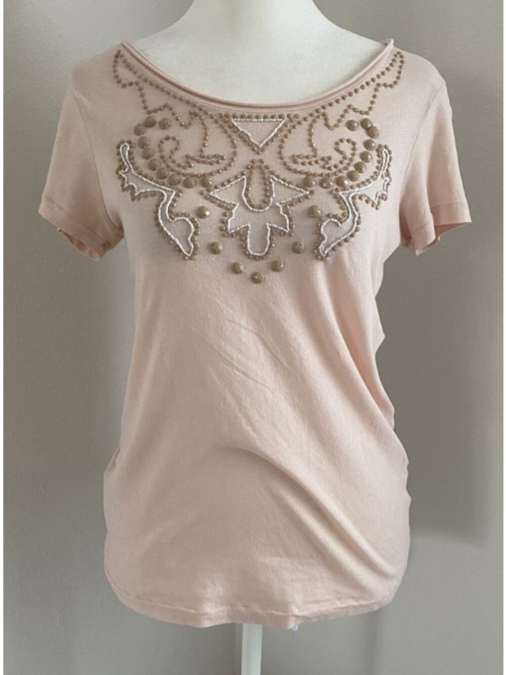 J Crew Small Light Pink Nude Embellished Beaded Scoop Neck T Shirt Tee Y2K